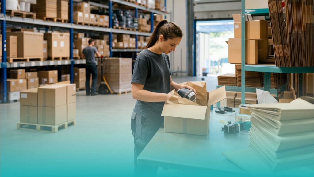 Operator care pregătește o comandă pentru expediere într-un centru de fulfillment